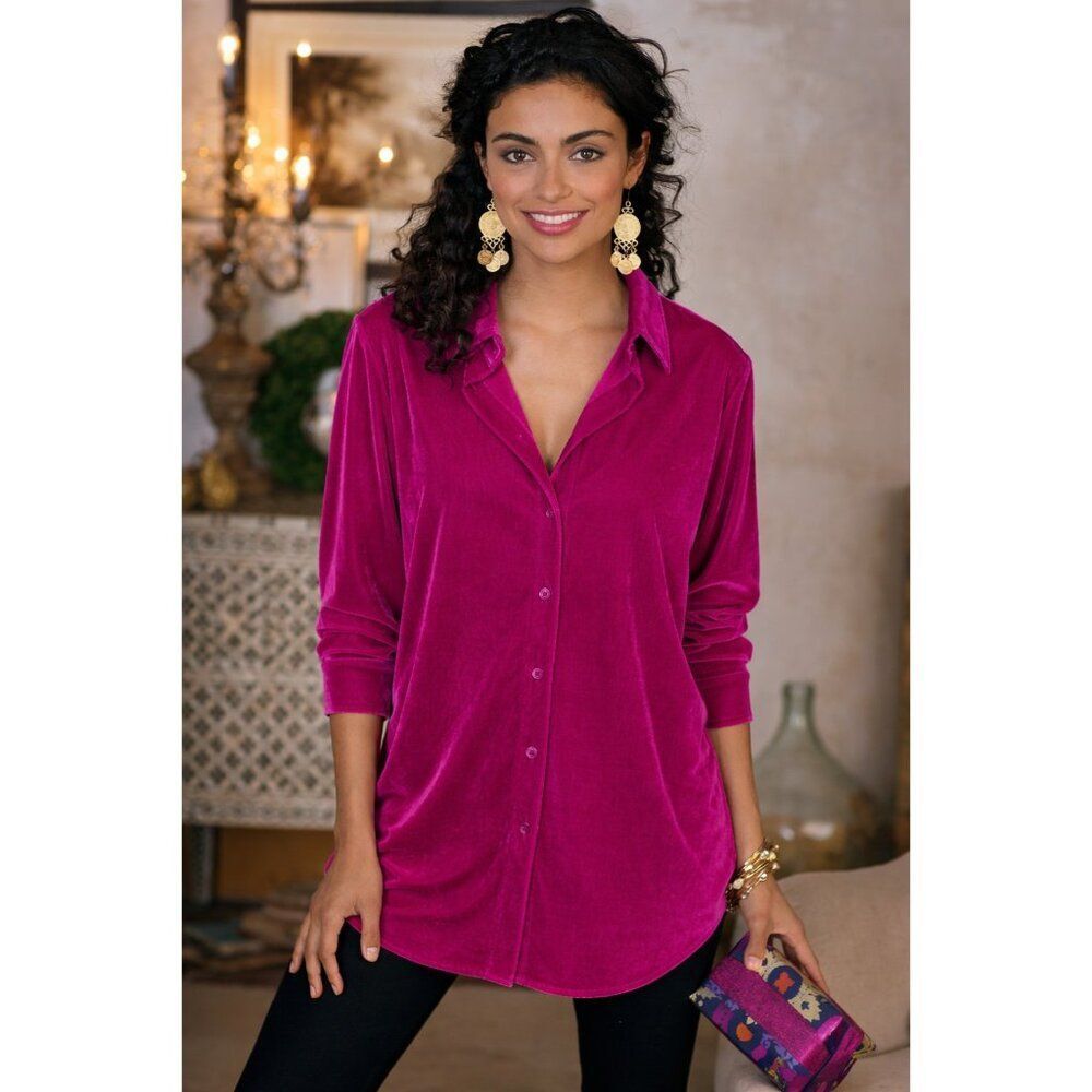 Soft Surroundings Womens Top S Fuchsia Pink Velvet Boyfriend Tunic 29695 NWT